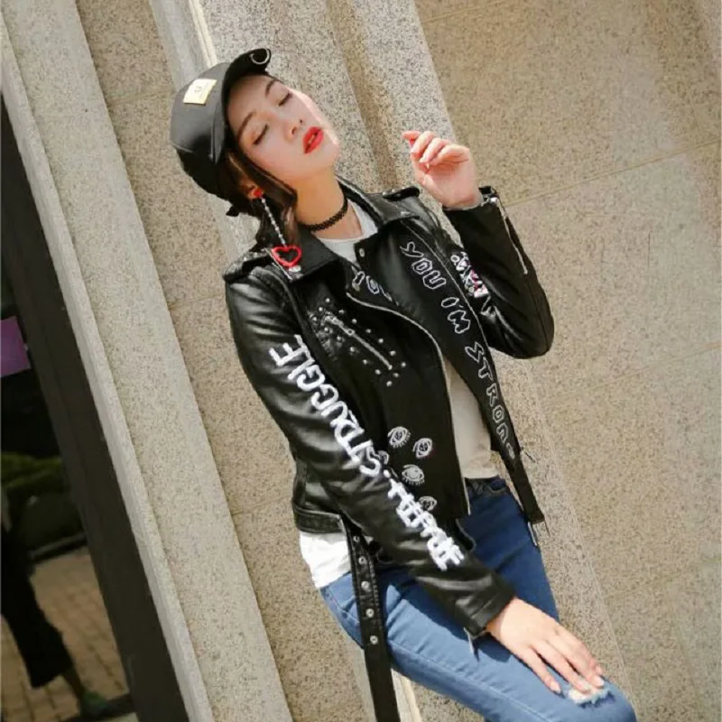 

Streetwear Graffiti Women's Long Sleeve Zipper Rivets Pu Leather Motorcycle Jacket Ladie