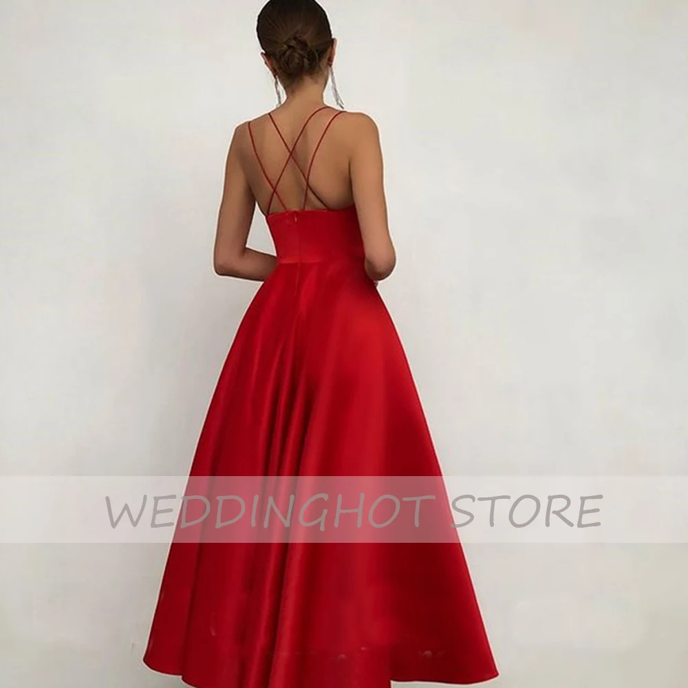 

Simple Satin Prom Dresses 2021 Red V-Neck Elegant Backless Evening Party Gowns Spaghetti Straps Tea Length vestidos de fiesta