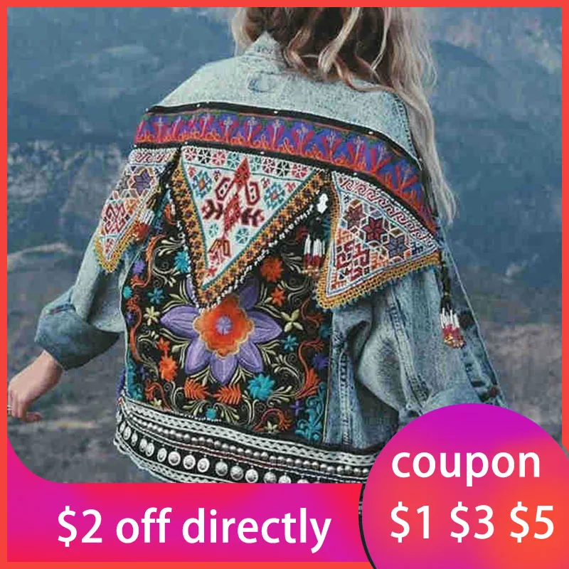 Женская джинсовая куртка оверсайз в богемном стиле винтажная Свободная с