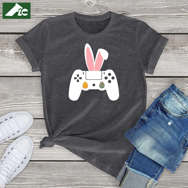 

100% cotton Kawaii bunny ear graphic t shirt women bunny Video Gamer Egg Controller Unisex Tee Shirt women Easter Day Happy Gift