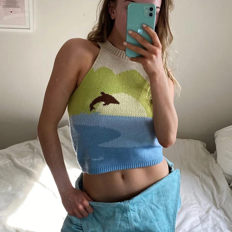 2022 Summer Green Crop Top Women Sleeveless Casual House Off Shoulder Sunny Beach Y2K Knitted Camis Fashion Party Tank Tops