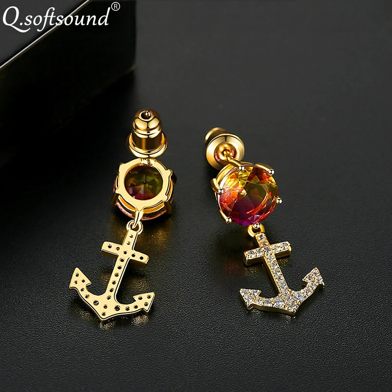 Новые цветные циркониевые серьги-гвоздики в форме якоря золотого цвета для