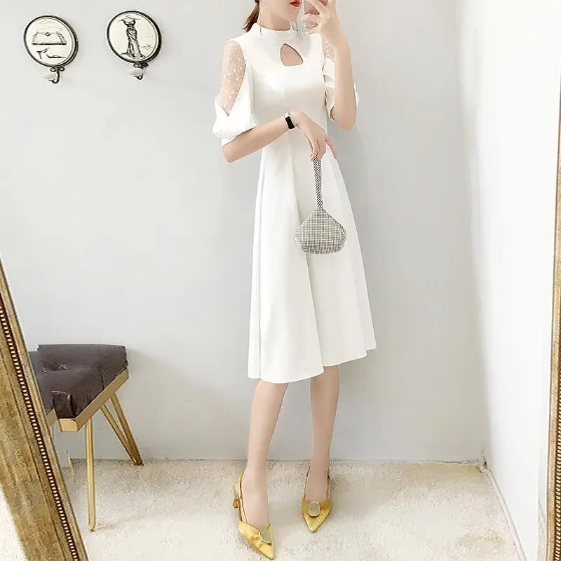 

Off Shoulder Women Summer A-line Dresses Lady Casual Short Lantern Sleeve Stand Collar A-Line Dress Vestidos SS458