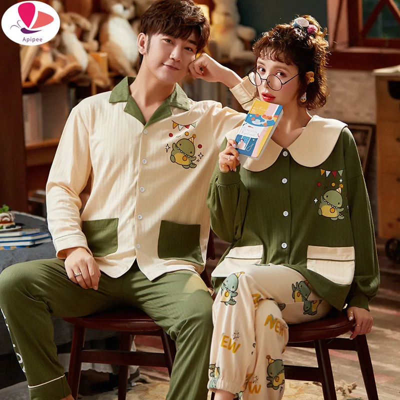 

2020 Autumn Couple Pajamas set 100% Cotton Loose Pyjamas Women Men Long Sleeve Homewear Lovers Nightgowns Pajama Set
