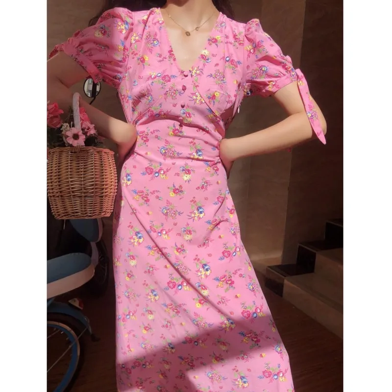 

Женское шифоновое платье с высокой талией, розовое длинное Повседневное платье с V-образным вырезом и цветочным принтом, праздничное шикарн...