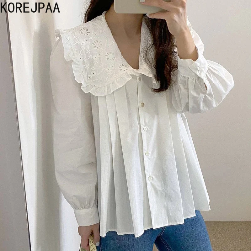 

Корейская женская рубашка 2021 Ранняя осень кружевная однобортная белая блузка с воротником «Питер Пэн» с крючком и пышными рукавами