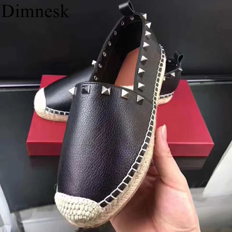 

Hemp Rope Weave Thick Sole Casual Shoes Women Round Toe Real Leather Rivet Decor Flat Loafers Spring Walking Shoes Lazyman Mules