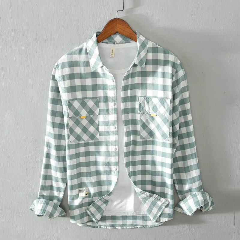 

Men's casual cotton long-sleeved plaid shirt 2002 autumn new style Thin pocket decoration Square collar shirt Youth Workwear Top