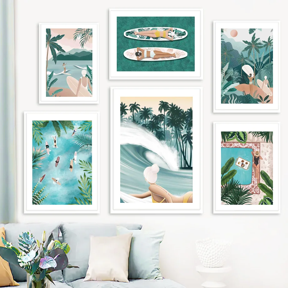 

Hawaii Tropical Beach Coconut Trees Woman Morocco Wall Art Pictures Canvas Painting Nordic Posters And Prints Living Room Decor
