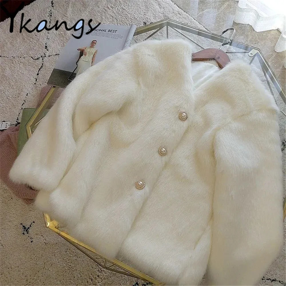 

White Sweet Plush Faux Fur Jacket Elegant Autumn Winter New Thick Warm Solid Parka Korean Style Long Sleeve Women Short Clothing