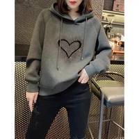 casual lazy wind love print short gray hooded sweater 2020 winter womens new