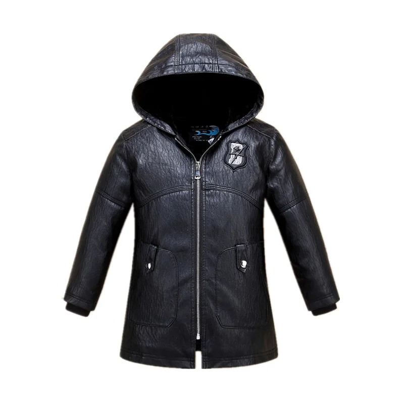 

heavyweight thick fleece thermal boys leather jacket soft quality water wind-proof faux leather kids winter coat children