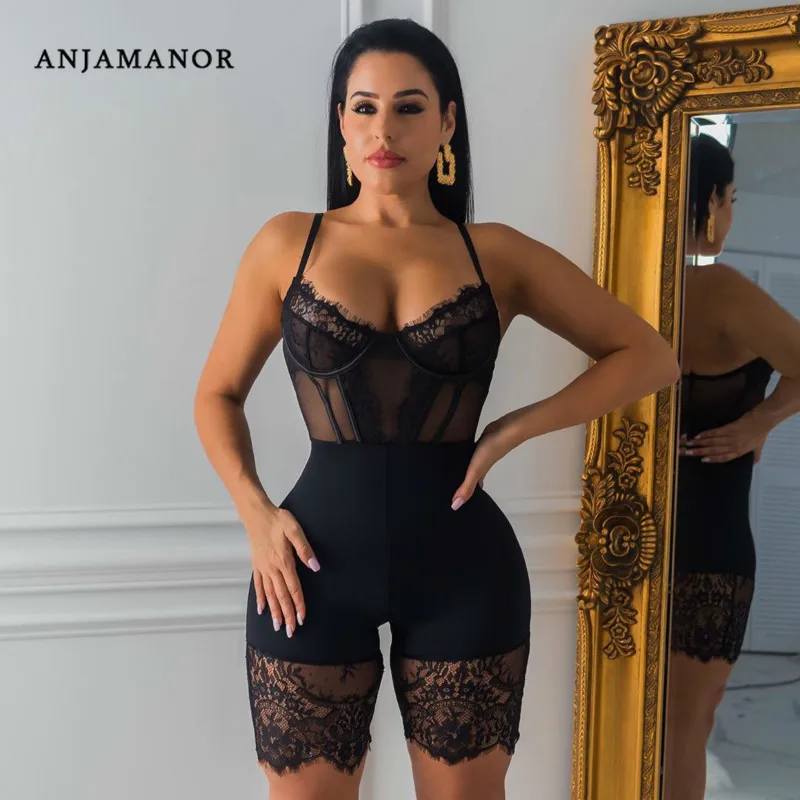 Женский сетчатый комбинезон ANJAMANOR черный кружевной облегающий цельный Клубная