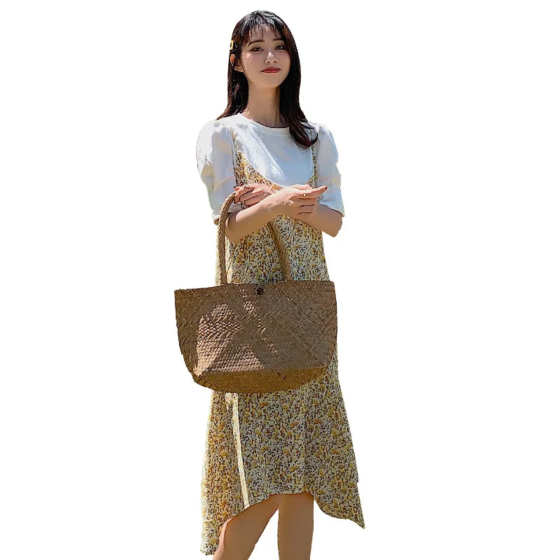 

Floral Suspender Dress Two-piece FemaleSpring White Lady T-shirt with Puff Sleeve Chiffon 2021 New