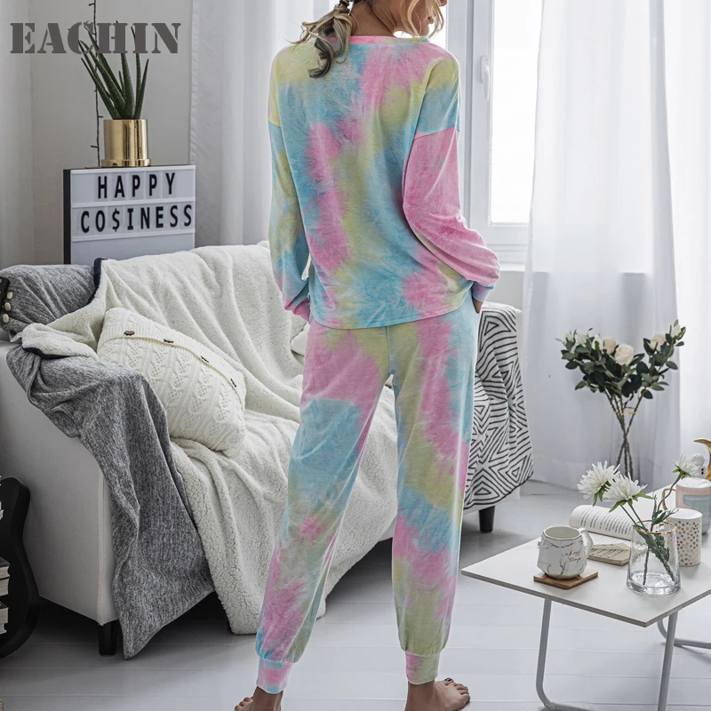 

EACHIN 2021 New Women's Sets Tie Dye Long Sleeve Top Shirt and Drawstring Pants Tracksuit Two Piece Set Casual Outfit Loungewear