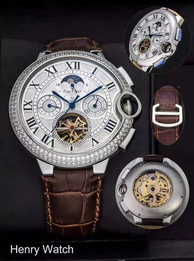 

Luxury Brand New Men Watch Silver Diamond Bezel Sapphire Automatic Mechanical Rome Stainless Steel Leather Tourbillion Moonphase