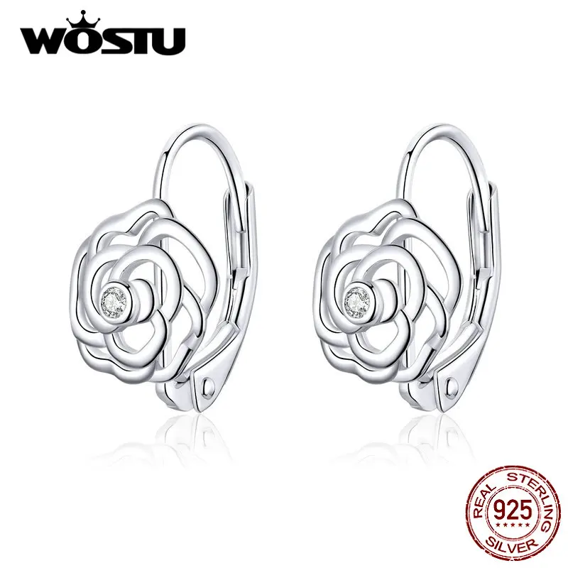 WOSTU серьги-капли в виде цветка розы, 925 пробы, серебро, циркон, изящные Висячие серьги для женщин, Свадебные Роскошные ювелирные изделия FIE745
