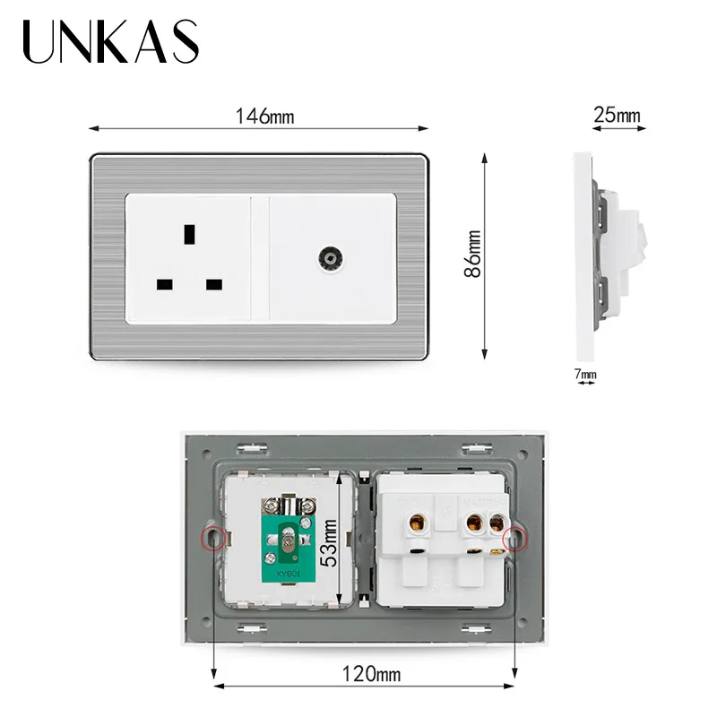 UNKAS 146 mm * 86 Wall Socket Stainless Steel Brushed Panel UK Standard Socket+Female TV Jack Double Outlet | Обустройство дома