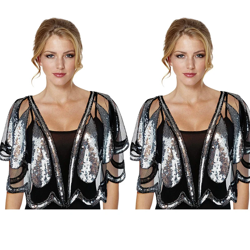 2 silver shawl Женская винтажная шаль 1920 s, расшитое бисером и блестками болеро, Хлопушка, вечерняя накидка - Цвет: 2 silver shawl
