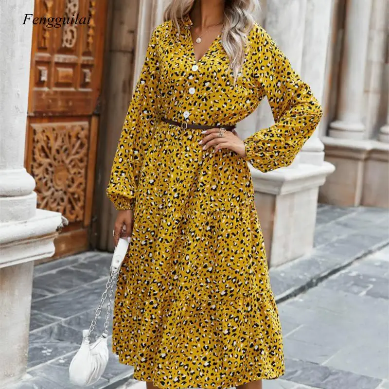 

Leopard Winter Dress Women 2020 Long Sleeve V Neck Dresses Women Beach Autumn Ruffles Vintage Vestido Robe Hiver Femme