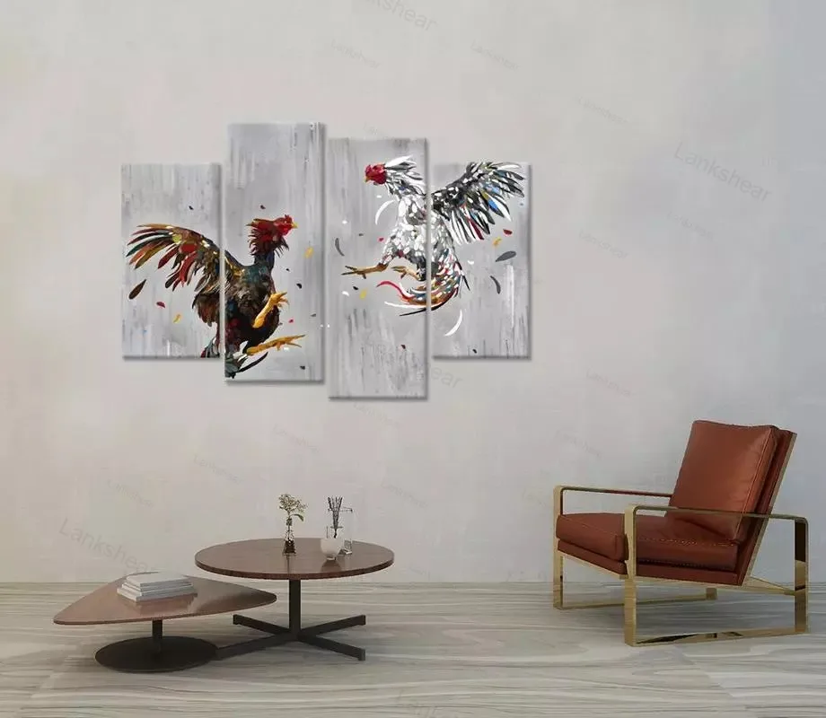 4 Panels Home Decor Poster Canvas Animal Wall Art Cock Fighting Picture Painting Rooster Print Rustic Chicken Room | Дом и сад
