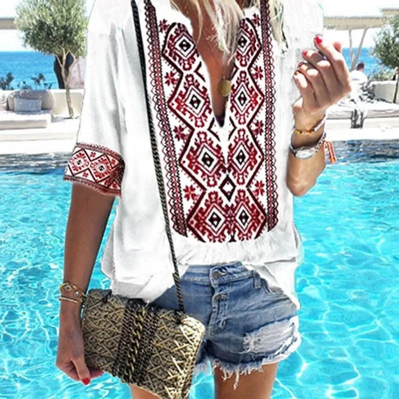 

2020 Women Ethnic Style Bohemian Blouse Shirt Sexy V Neck Beach Blusas Summer Casual Printed Boho Blouses