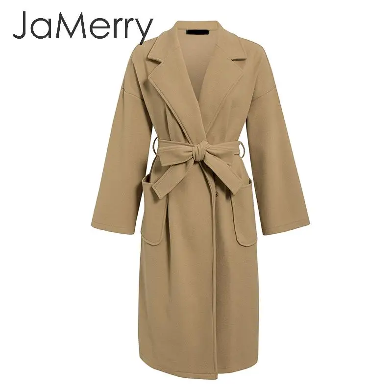 JaMerry элегантная одежда для офиса работы длинный смесь пояса пальто карманы