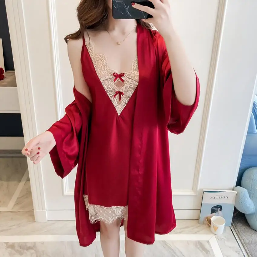 

2 Pcs Sexy Spaghetti Strap Lady with Cup Robe Sets Nightgown+Robe Pajamas Elegant Women Homewear