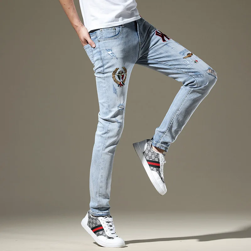 

Hole jeans men's street irregular color matching graffiti printing national fashion casual versatile PANTS LEGGINGS
