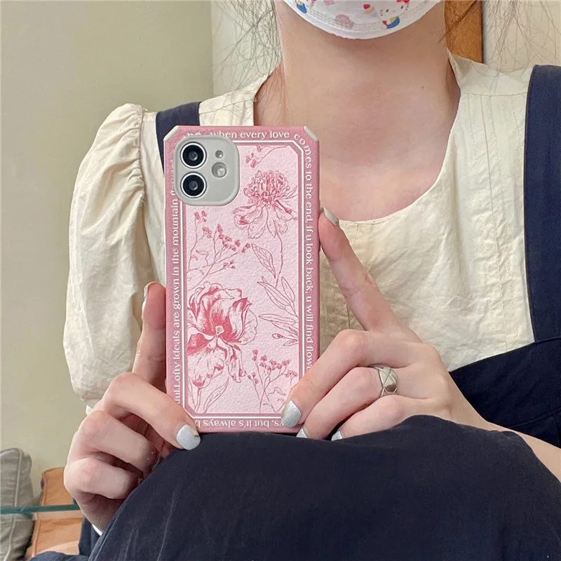 

Retro French Pink Flower Phone Case for iPhone 12 11pro X XR XS Max 7 8plus SE 2020 Matte Leather anti-fall Soft Silicon Cover