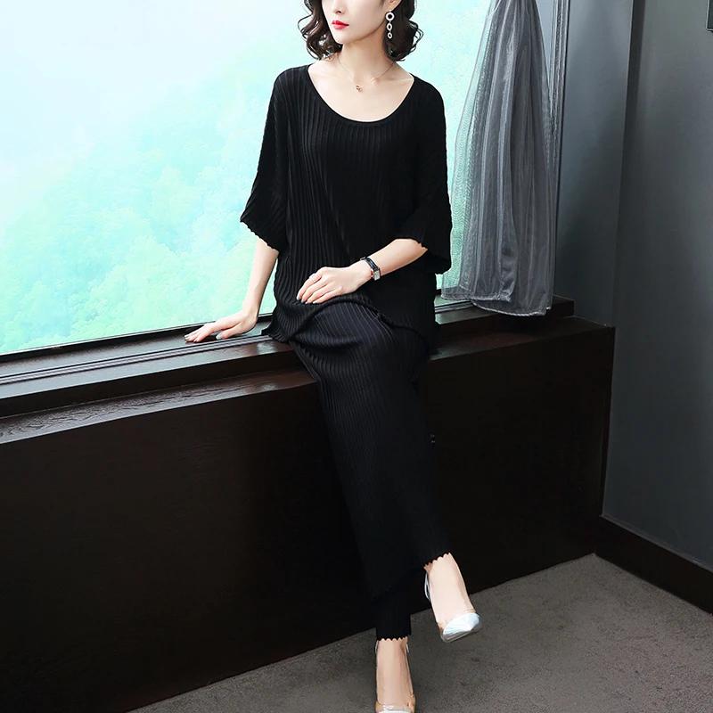 2019 Модный женский комплект из 2 предметов свитер с коротким рукавом + широкие