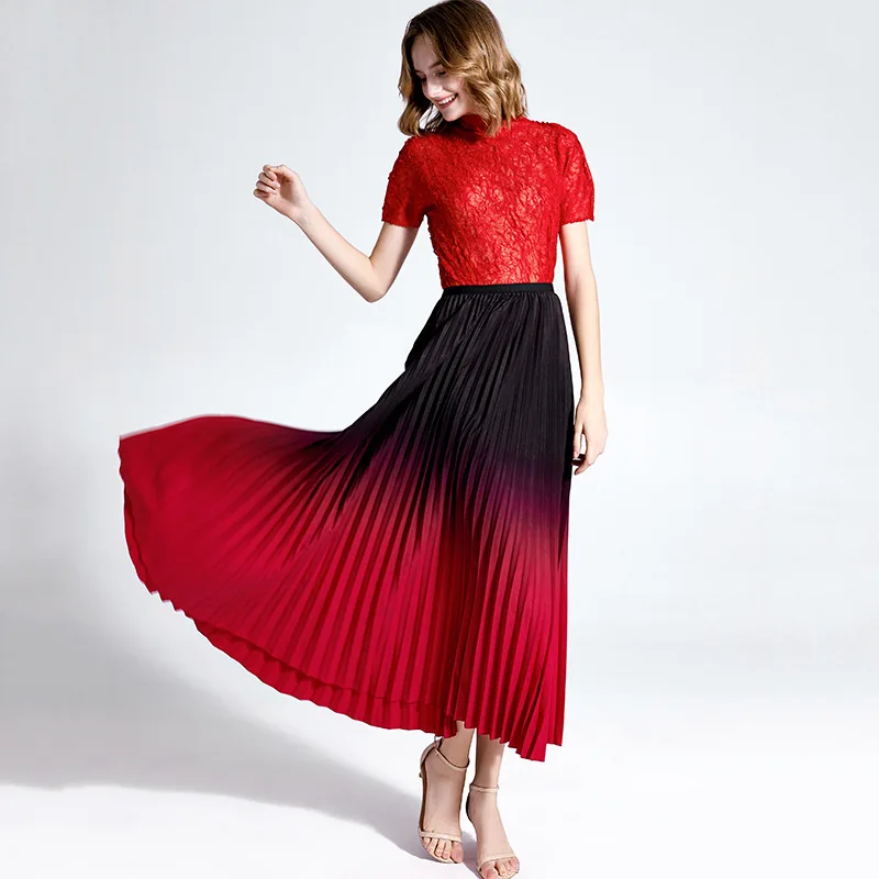 

High-end 2021 Spring Summer Lady's New Fashion High Waist Gradient Colorful Midi Long Pleated Ruffle Skirt Woman