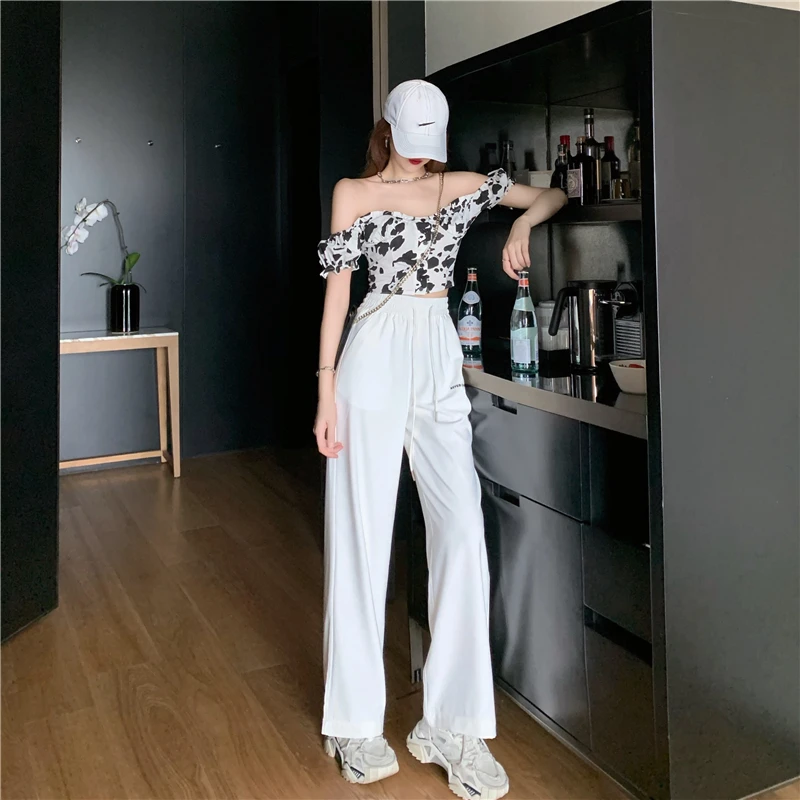 

Korean High Waist White Wide Leg Pants Sweatpants Women Streetwear Casual Loose Straight Long Capris Fashion Trousers Hipster