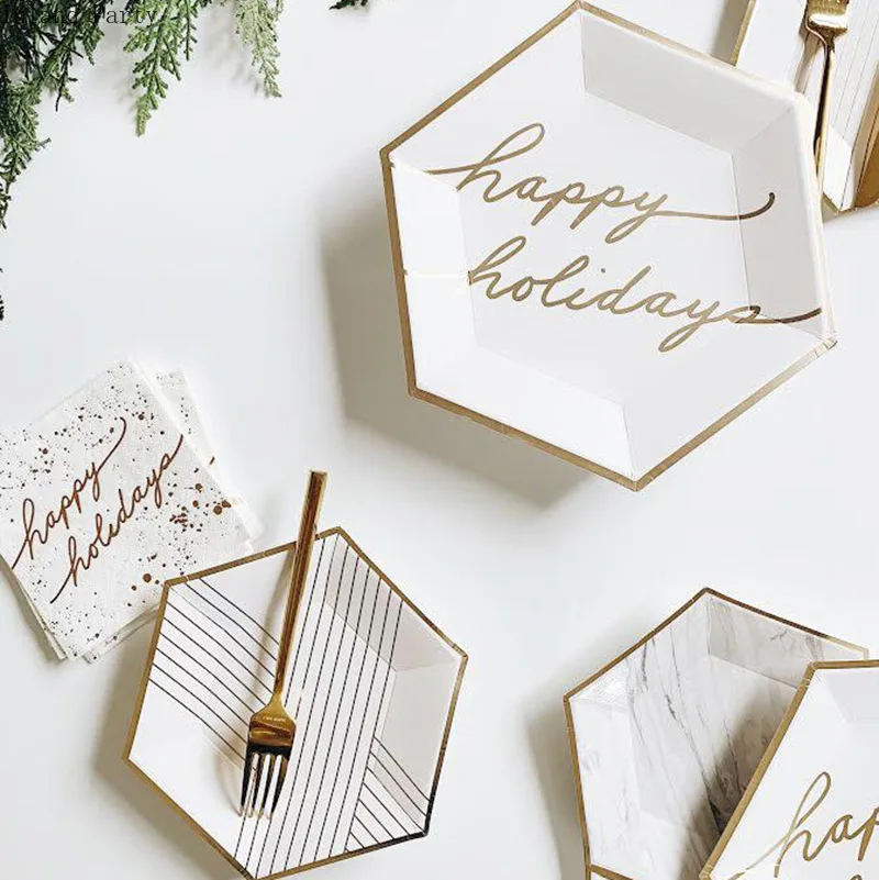 

Happy holiday Disposable tableware set disposable paper plate straw cup gold for wedding birthday decoration party supplie