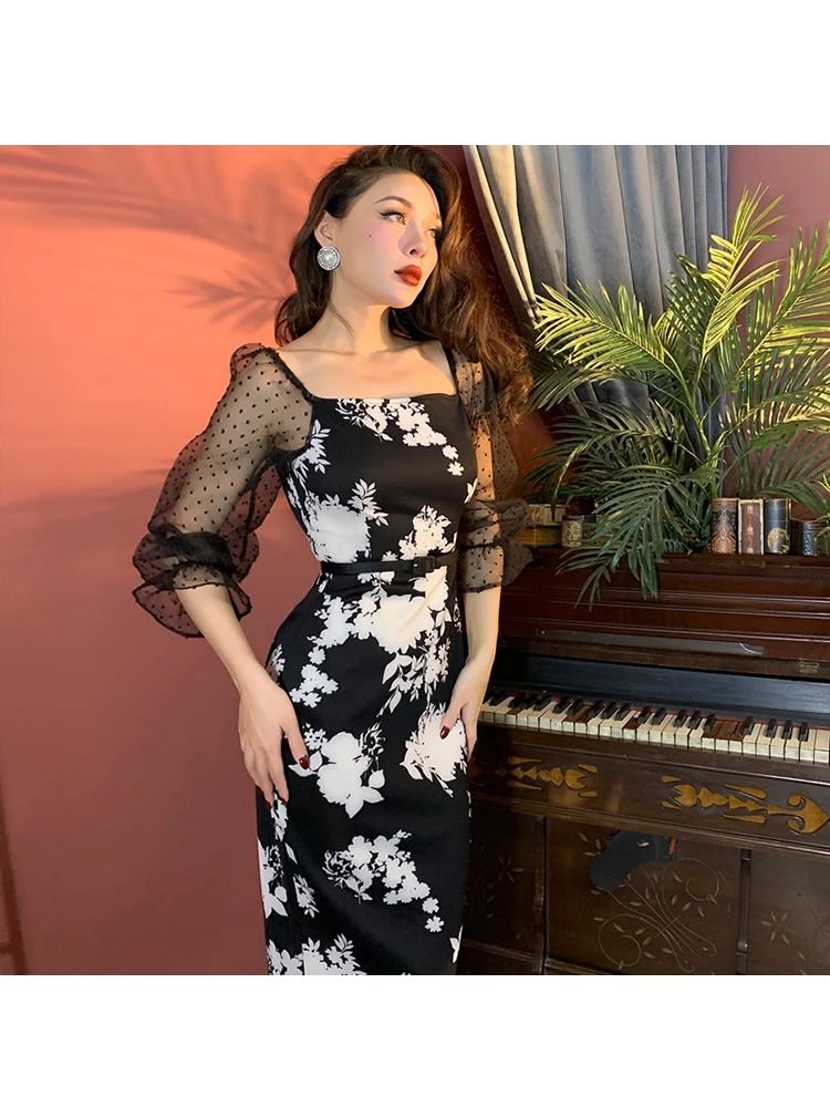 Женское винтажное Элегантное Платье До Колена черное Белое Прозрачное платье с