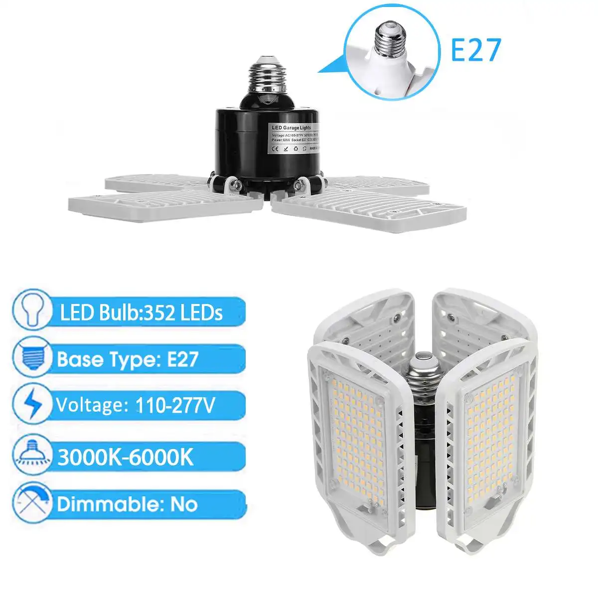 

Super Bright Industrial Lighting 60W E27 Led Fan Garage Light 12000LM 110-277V 2835 Led High Bay Industrial Lamp for Workshop