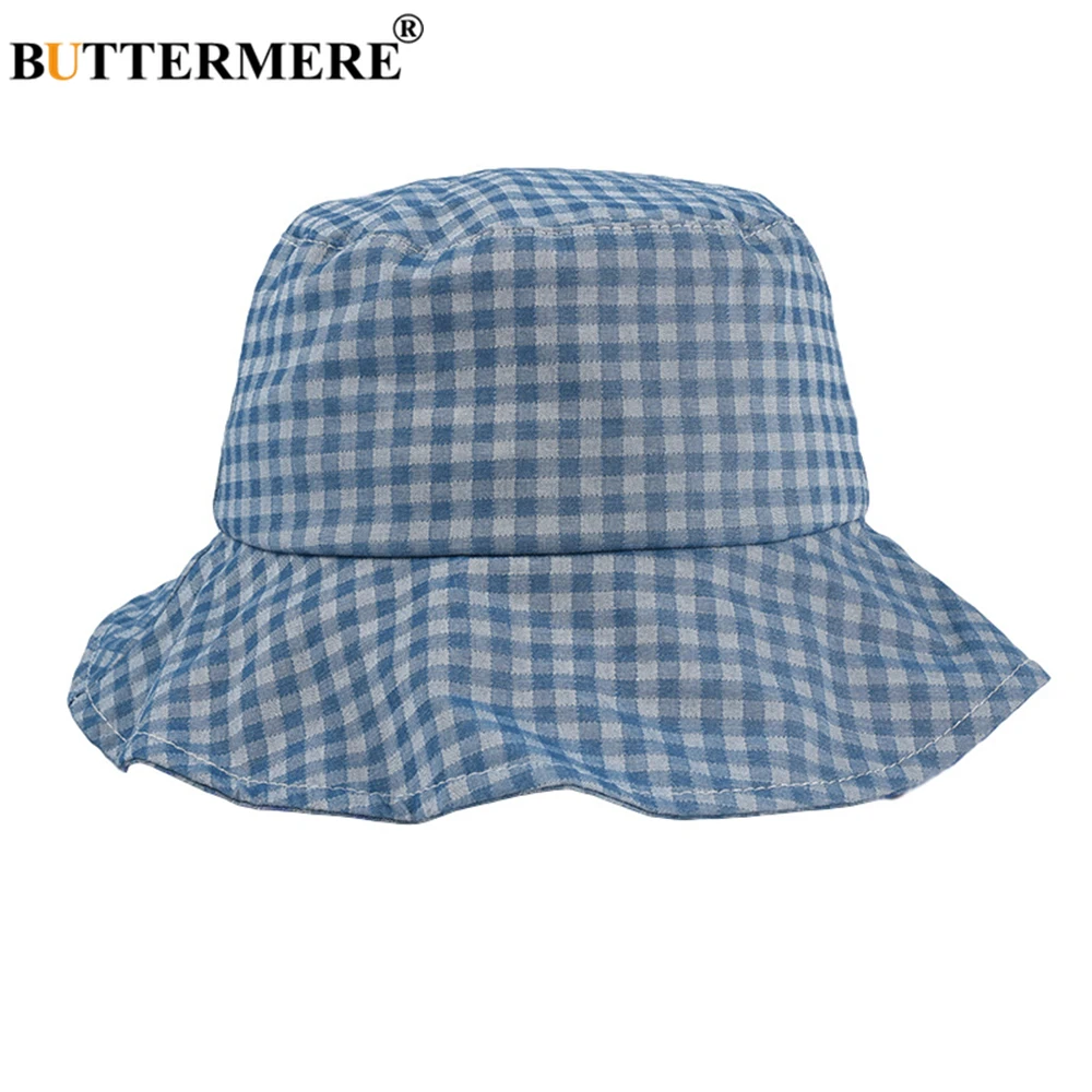 

BUTTERMERE Floppy Bucket Hat Womens Harajuku Cotton Fishing Hat Blue Plaid 2021 Summer Sun Protection Ladies Wide Brim Hat