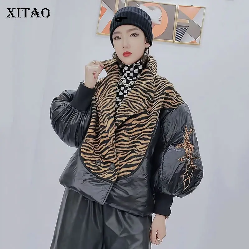 

XITAO, новые женские парки, модные, с леопардовым принтом, Сращивание, свободное, теплое пальто, вышивка, рукав-фонарик, зима 2021, GWJ1306