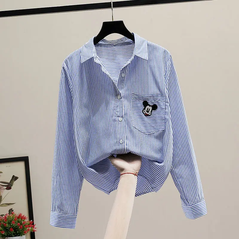 

Striped Shirts Women Blouse Tops Long Sleeve Office Lady Spring Autumn Loose Elegant Casual Mickey Printed Blusas Mujer Outfits