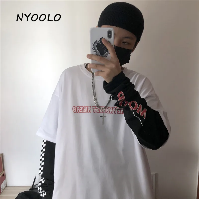 NYOOLO Harajuku винтажный с буквенным принтом фальшивый из двух частей клетчатый лоскутный Топ Осенняя уличная одежда с длинным рукавом Футболка женская мужская одежда