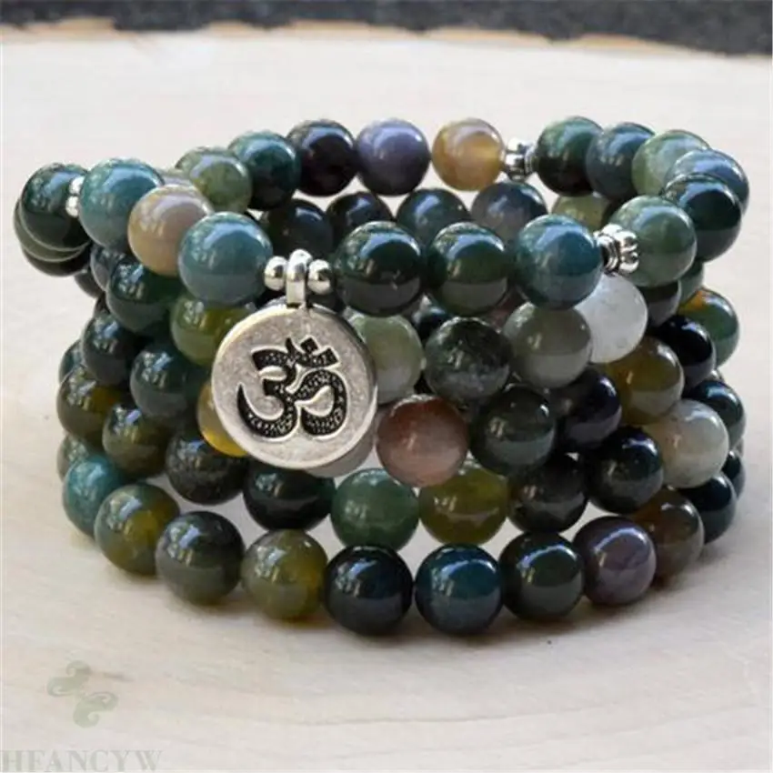 

8mm Natural Indian Agate Gemstone 108 Beads Mala Necklace Tibetan Spirituality Yoga Classic Retro Wristband Buddhism