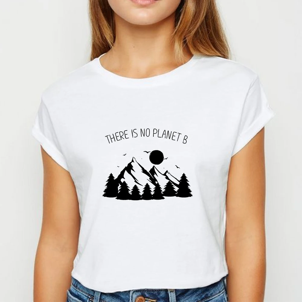 Женская футболка с круглым вырезом удобная принтом горы нет планеты B для весны и