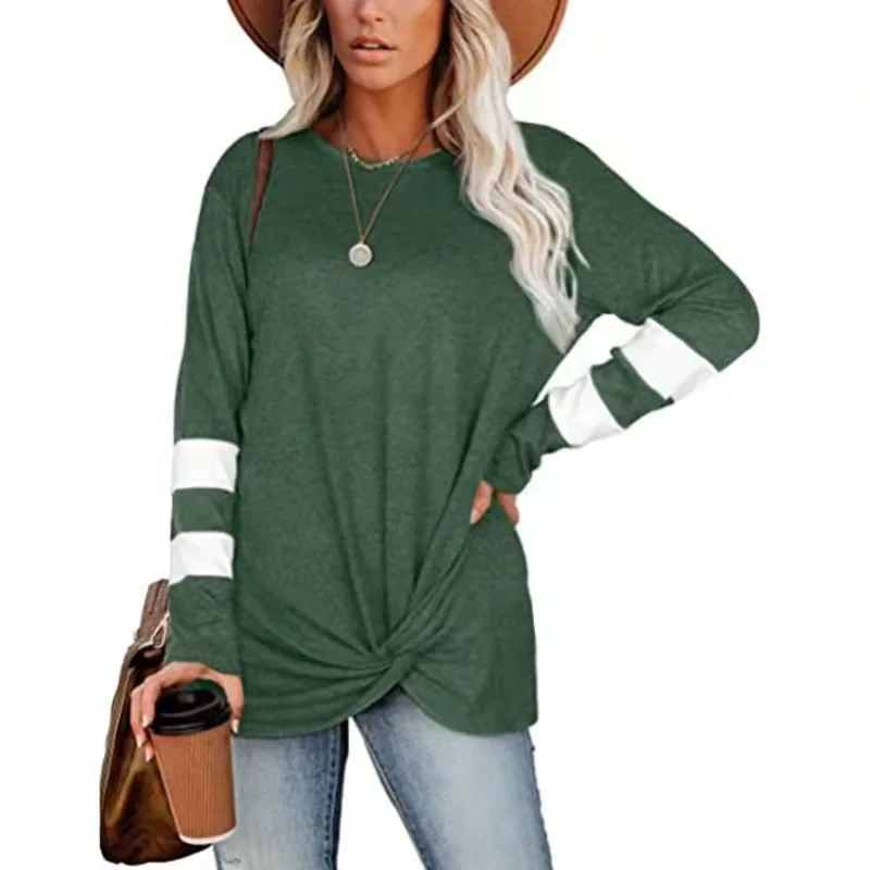 

2021 European and American ladies fashion round neck color matching long-sleeved casual T-shirt 2115