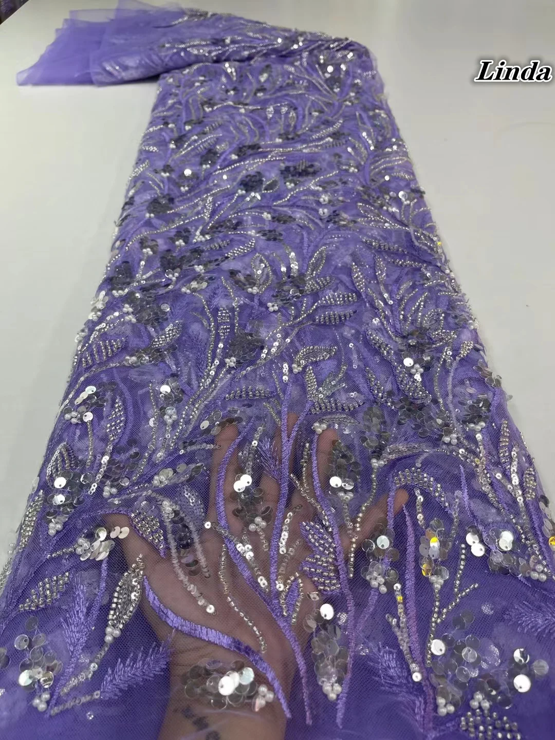 

Linda (5yards/pc) High quality Purple African French net lace fabric beaded sequins embroidered tulle lace for party dress