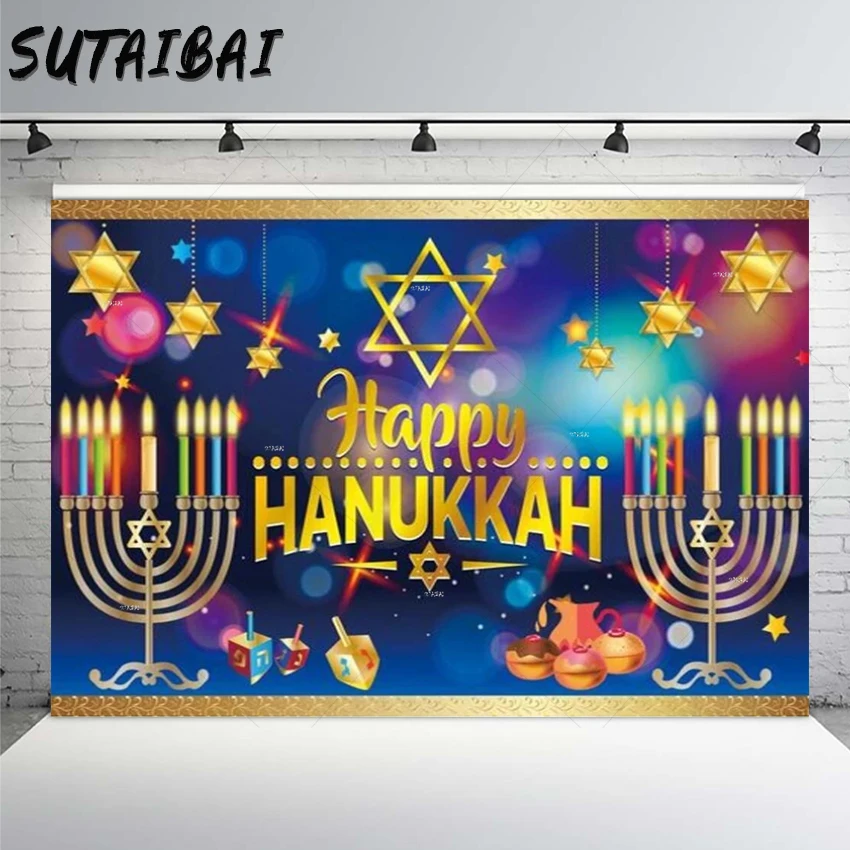 

Happy Hanukkah Backdrop Golden Glitter Bokeh Halos Stars Candle Party Decor Custom Background Photography Backdrops Photo Studio