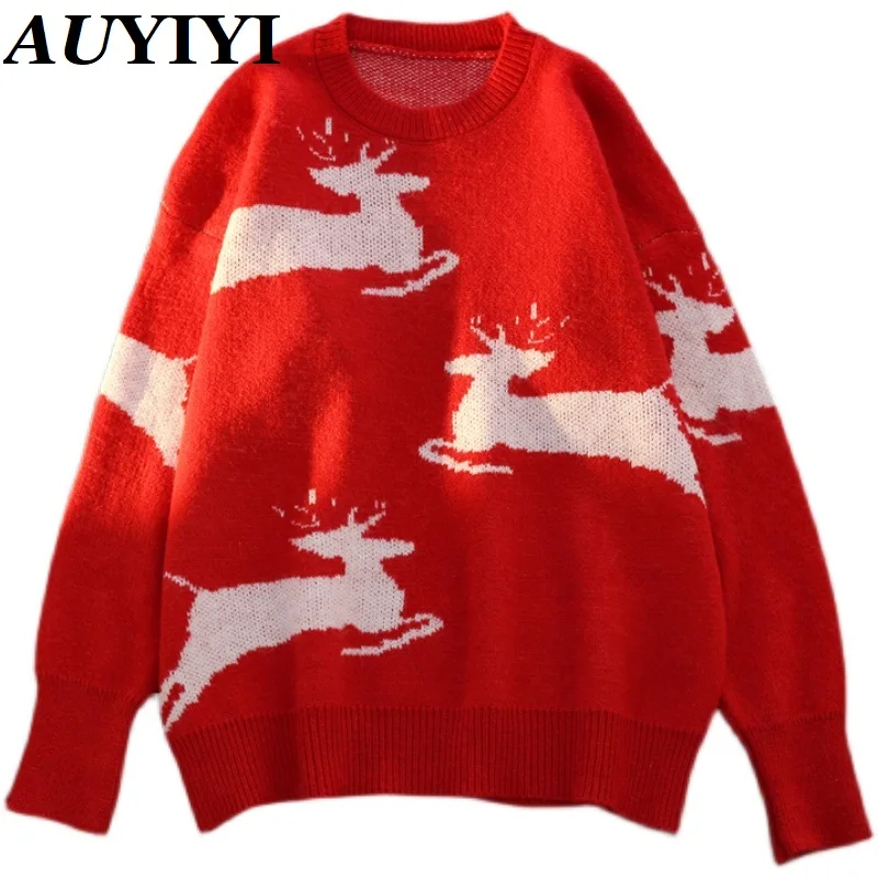 

Осень-зима 2021, модный универсальный Рождественский свитер AUYIYI в стиле колледжа, женский красный свитер с круглым вырезом