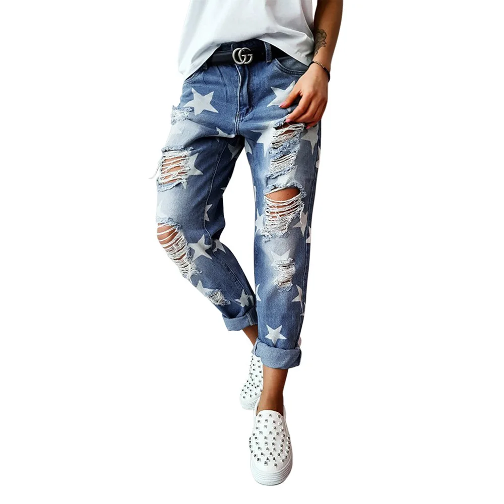 

Star Printed Jeans Women 9 Points Spring and Autumn New High Waist Slimming Joker Hole Tight Ankle Pants