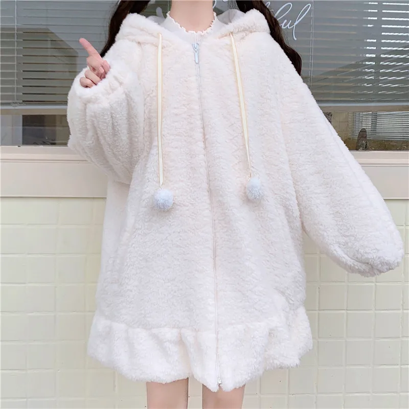 Japanese Style Autumn Winter Women Sweet Warm Jacket Kawaii Soft Lambswool Ruffles Rabbit Ears Hooded Coats Girls Parkas Outwear