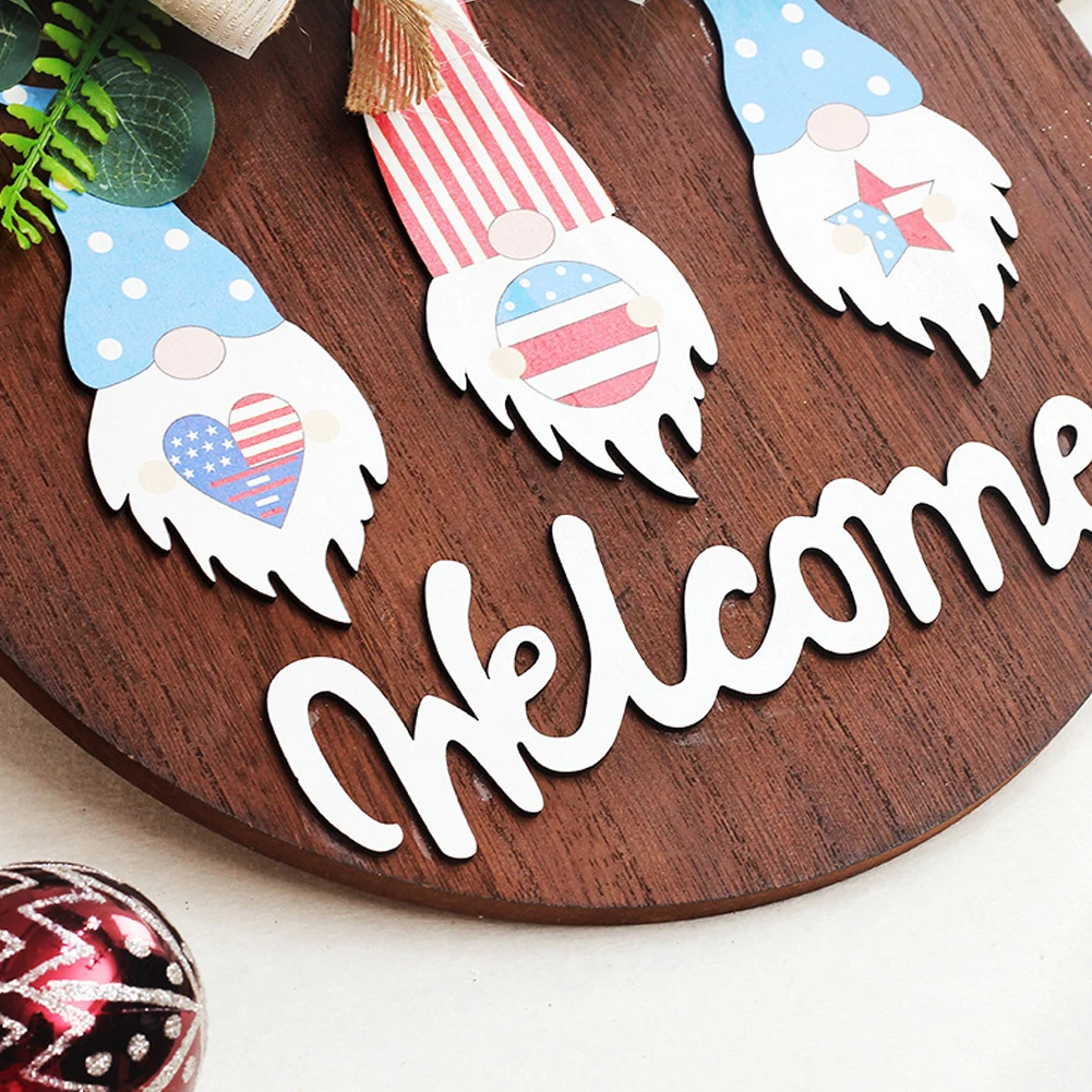 

Welcome Sign Round Front Door Wooden Hanging Sign Patriotic Dwarf Wood Gnome Welcome Plaque Independence Day Decoration Style2