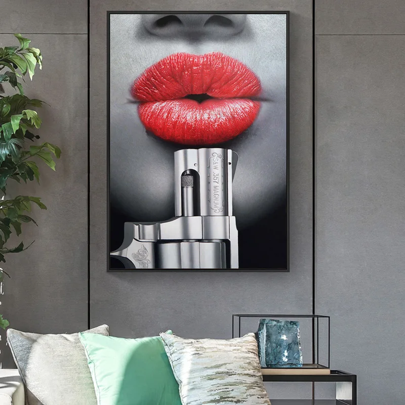 

Sexy Lips With Pistol Graffiti Art Posters And Prints Modern Model Girl Canvas Paintings On The Wall Canvas Pictures Wall Decor